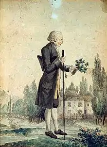 Tableau représentant un homme de profil à perruque blanche, tenant un bâton et un bouquet. Au second plan, un pavillon.