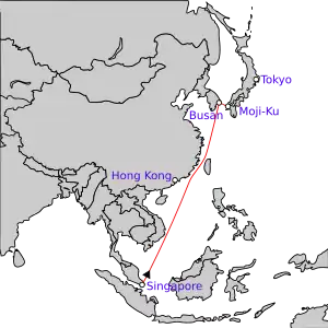 Carte de l'Asie du Sud-Est et de l'Est entre Singapour et le Japon indiquant le trajet approximatif de la Force d'achèvement