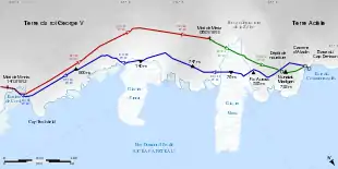 Carte montrant le détail des trajets effectués par le groupe de l'est lointain.