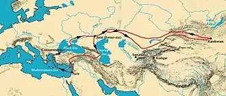 Itinéraire du voyage de Guillaume de Rubrouck au départ de Acre jusqu'à Karakoum, capitale de l'Empire mongol