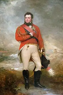 Portrait d’un officier à la veste rouge et pantalon blanc.