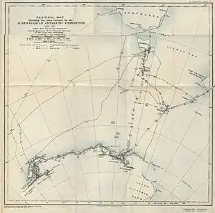 Carte de l'expédition antarctique australasienne montrant des zones de terra incognita.