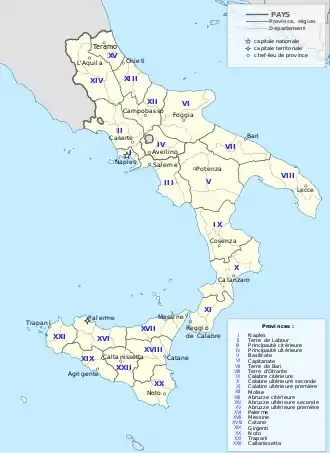 Carte du sud de l'Italie (partie péninsulaire et Sicile) divisée entre les différentes parties du royaume