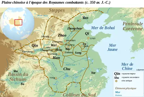 Carte montrant les frontières approximatives des royaumes en présence dans la plaine orientale de la Chine au milieu du 5e siècle avant J.-C.