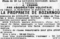 Annonce de la mise en vente de la propriété de Rozarnou en 1921 (journal L'Ouest-Éclair du 9 janvier 1921).