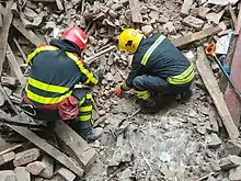 Photo de deux personnes en uniforme de sauveteurs, vues de dos, accroupies sur un monticule de décombres.