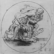 Dessin de Rubens représentant un homme ouvrant la mâchoire d'un lion