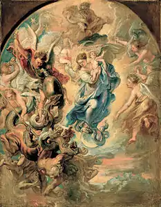 La Vierge Marie sous les traits de la Femme de l’Apocalypse, Pierre Paul Rubens. Projet peint à l'huile pour le maître-autel de la cathédrale de Freising, pour le compte du prince-évêque Vit-Adam.