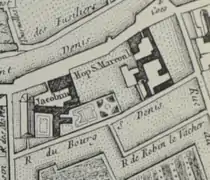 La rue du Bourg Saint-Denis en 1775, le couvent des Jacobins de Reims et l'hôpital Saint-Marcoul.