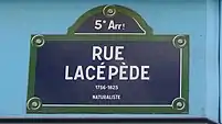 Plaque de rue de la rue Lacépède.