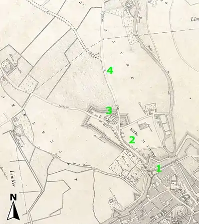 Figure 1 : État en 16671 Porte Saint-Pierre2 Faubourg Saint-Pierre sur la route d'Ypres3 Ancienne église Saint-André4 Route d'Ypres
