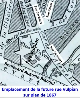 Rue Vulpian sur le plan de 1867.