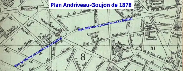 Rue Abbatucci (ancienne rue de la Pépinière et partie de l'actuelle rue La Boétie) et rue de la Pépinière sur plan Andriveau-Goujon de 1878