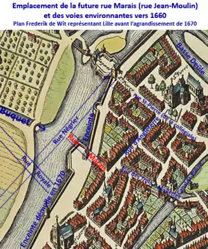 Rue des Marais (Jean-Moulin) sur plan représentant Lille vers 1640