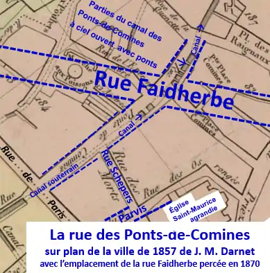 Rue des ponts de Comines en 1857 avec l’emplacement de la rue Faidherbe