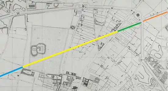 Historique de la rue La Fayette tracé sur fond de plan Verniquet de 1790 : En orange, la rue de Pantin  (devenue avenue Jean-Jaurès) située hors de Paris avant l'annexion de l'ancienne commune de la Villette en 1860. En vert, la rue du Chemin-de-Pantin, 2e section de la rue La Fayette ouverte par application du décret de 1849.En jaune, la 1re section de la rue La Fayette ouverte en 1823 qui traverse l'enclos Saint-Lazare.En bleu, la 3e section (partielle) de la rue La Fayette ouverte par application du décret d'utilité publique de 1859.