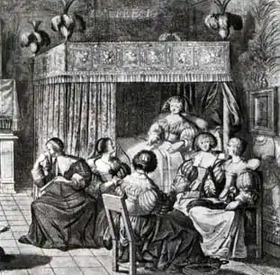 Gravure. Six femmes conversant à côté d'un lit à baldaquin dans une chambre de l'hôtel de Rambouillet. L'une d'elles est assise sur le lit