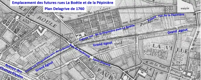 Emplacement de futures rues La Boétie et de la Pépinière en 1760