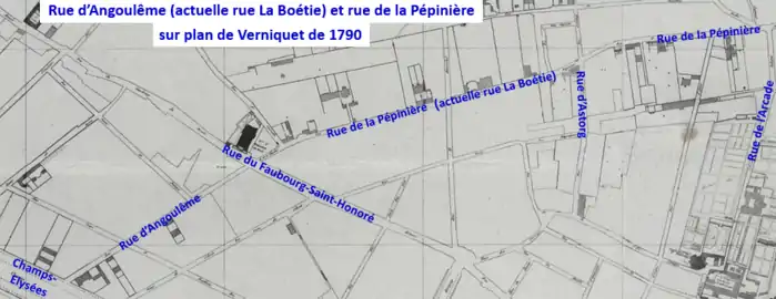 Rues d'Angoulême (La Boétie)  et de la Pépinière sur plan de Verniquet de 1790.