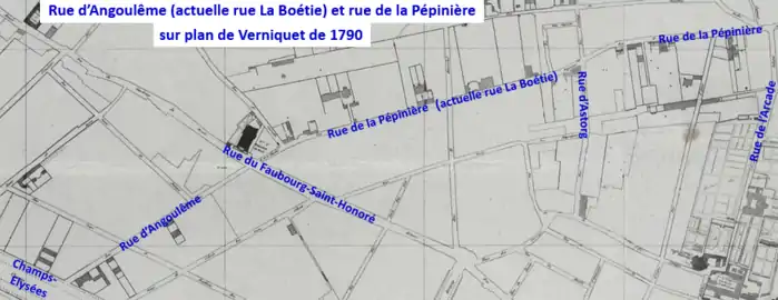 Rues La Boétie et de la Pépinière sur plan de Verniquet de 1790