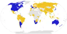 Planisphère représentant les pays qualifiés et ceux ayant aux qualifications de la Coupe du monde 2015