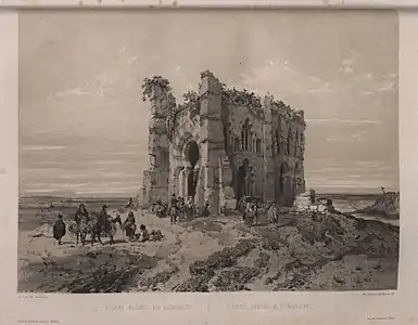 Ruines arabes à Humanejos (village disparu près de Parla), lithographie de Léon Sabatier (d) et Auguste Mathieu d'après un dessin de Jenaro Pérez Villaamil (1850).