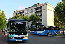 Photographie en couleurs d’un minibus du réseau de Rumilly et d’un autocar du réseau d’Annecy.