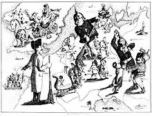 Caricature. Sur une carte de l'Europe on voit Christian du Danemark, Napoléon III, Frédéric-Guillaume IV et la reine Victoria.
