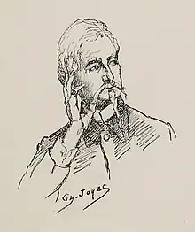 Portrait dessiné en buste d'un homme portant sa main droite à son visage, le regard tourné vers l'horizon.