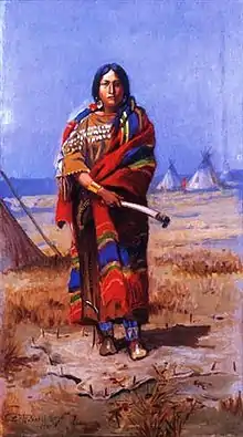 Peinture d'une femme autochtone habillée avec des étoffes colorées.