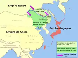 Carte de l'Asie montrant en rouge le Japon et en vert la Mandchourie et les attaques russes sur cette région.