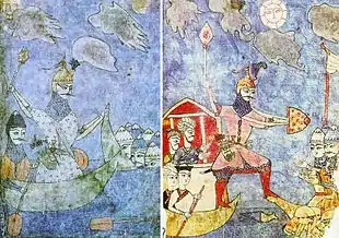 deux images côte à côte, d'un chevalier coulant un bateau, puis du même chevalier abordant un navire