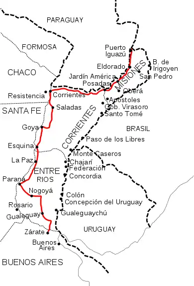 La Route nationale 12. Son extrémité nord-est rejoint le Brésil au niveau de Puerto Iguazú.