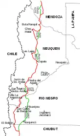 La route nationale 40 dans les provinces de Río Negro et Neuquén. En rouge, le tracé 2003-2012.