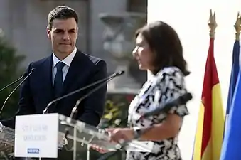 Cérémonie dans le Jardin des Combattants de la Nueve, avec la Maire de Paris, Anne Hidalgo et le chef du gouvernement espagnol, Pedro Sánchez.