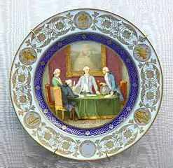 Assiette en porcelaine de Sèvres du service du palais de Fontainebleau, 1836, décors d'après Monvoisin, Sèvres - Manufacture et Musée nationaux.