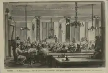 Gravure représentant une séance de la section genevoise de l’Association internationale des travailleurs à Genève entre 1869 et 1875.