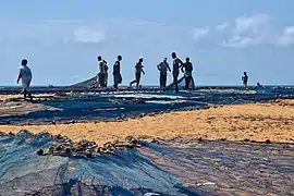 Séchage des filets après une pêche en mer.