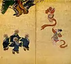 Danseurs de bugaku. Vers 1626. Paire de paravents à deux panneaux. Encre, couleurs, or / papier. 169 x 165 cm. Daigo-ji, Kyoto