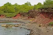 Petite falaise constituée de roches friables rouges près de l'eau et recouverte de forêt