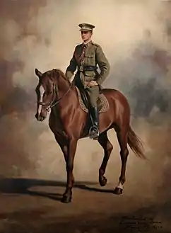 Tableau d'un homme en uniforme et médaillé assis sur un cheval.