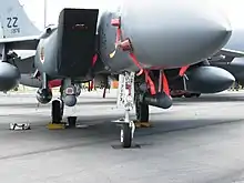 Les nacelles LANTIRN montées sous un F-15E Strike Eagle, l'AN/AAQ-13 « navigation » à gauche et l'AN/AAQ-14 « ciblage » à droite.