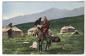 Un cavalier nomade Kazakh avec un aigle.