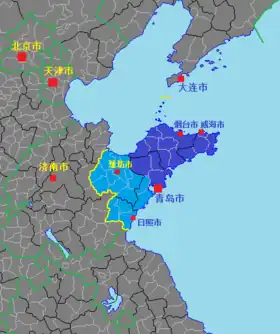 Péninsule du Shandong en bleu, la partie foncée correspond à la péninsule de Jiaodong.