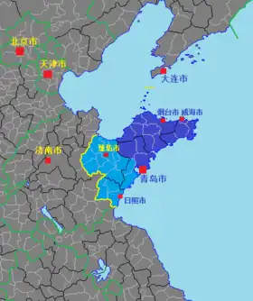 Sens large et sens strict de la péninsule du Shandong, la partie sombre correspond à la Péninsule de Jiaodong