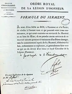 Serment de Pierre Lefort nommé chevalier de la Légion d'honneur.