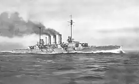 Esquisse en noir et blanc d'un navire de guerre vu depuis tribord