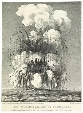 Gravure en noir et blanc d'une explosion volcanique au milieu de la mer