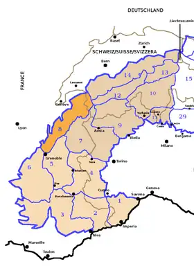 Carte de localisation des Préalpes de Savoie au sein des autres ensembles de massifs des Alpes occidentales.