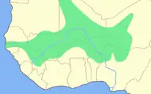 carte de l'ouest de l'Afrique avec une large zone colorée partant de la côte ouest et s'étendant vers le centre du continent
